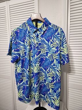 Men's Short-Sleeve Tropical Leaf Polo in Blue
